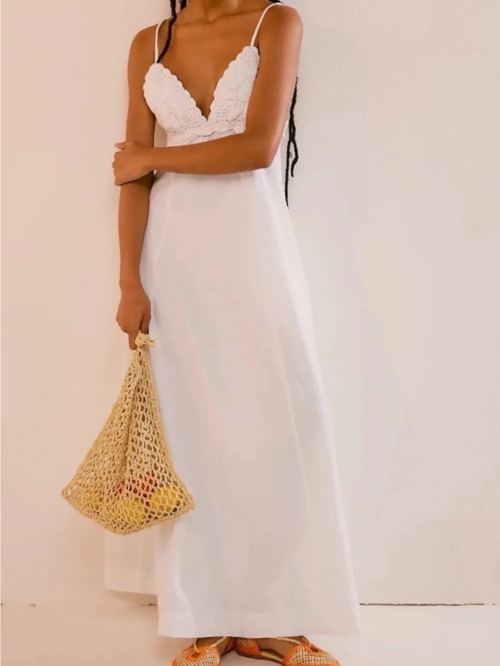 Free People White Crochet Bodice Spaghetti-Strap Maxi Dress